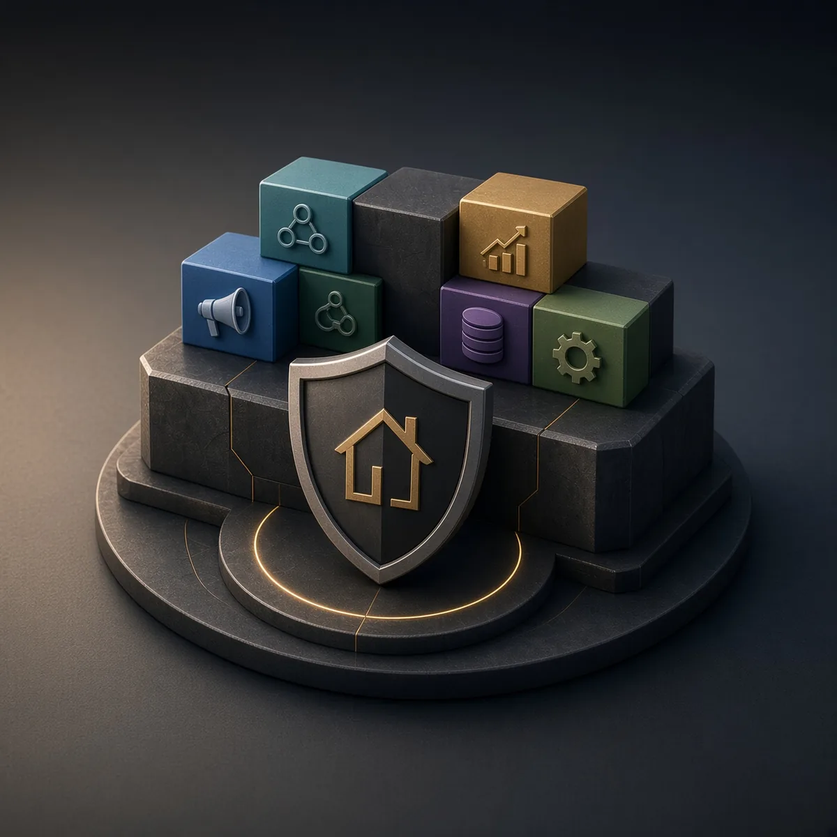 A shield with a gold house emblem in front of stacked building blocks for marketing, structure, growth, data, and operations — every piece of a business, owned outright.