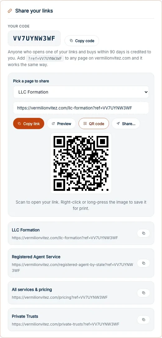 Example affiliate dashboard: link builder with a copyable referral link and QR code