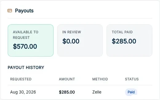 Example affiliate payouts panel: available to request, in review, total paid and payout history