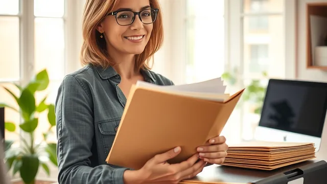 A small business owner in a home office holding a folder of company documents