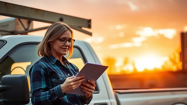 A landscaping company owner reviewing a clipboard beside her crew truck at sunrise