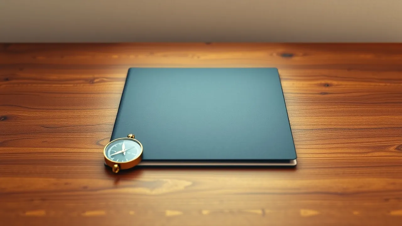A closed navy folder and a brass compass on a wooden desk