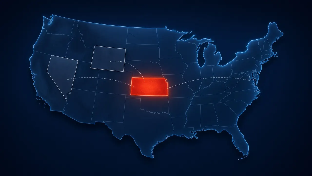 A map of the United States with one state lit in vermilion and Delaware, Wyoming and Nevada outlined, each joined to it by a dashed line