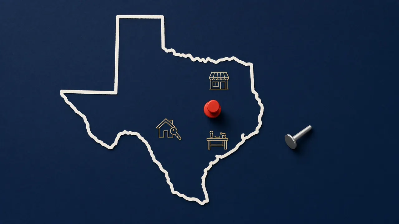 One vermilion pushpin inside an outline of Texas beside a storefront, a house and a workbench, with a second pin left unused outside the state