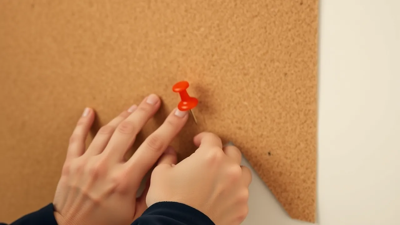 Two hands pressing one vermilion pushpin into a plain corkboard