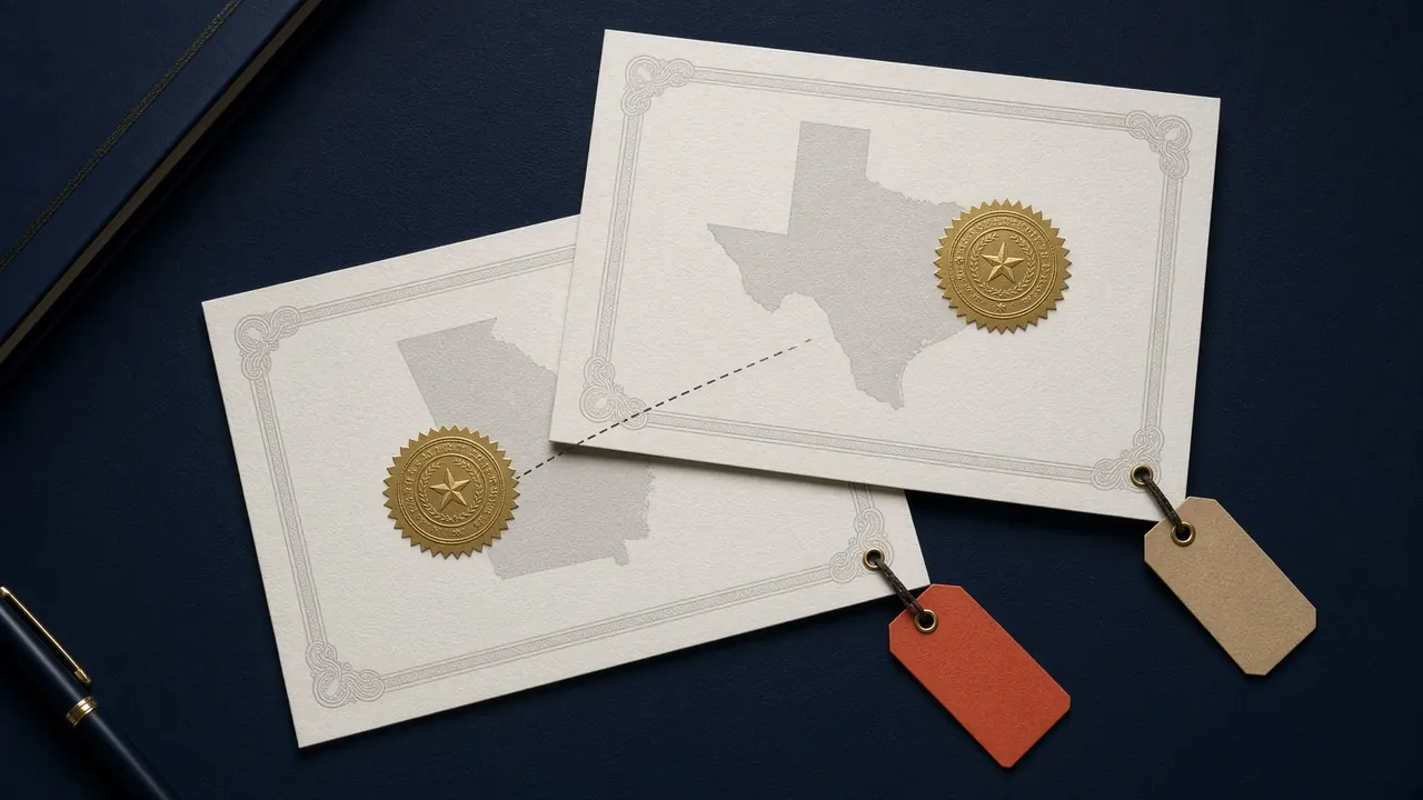 Two formation certificates on a navy desk, one for Georgia and one for Texas, each with a gold seal and its own fee tag