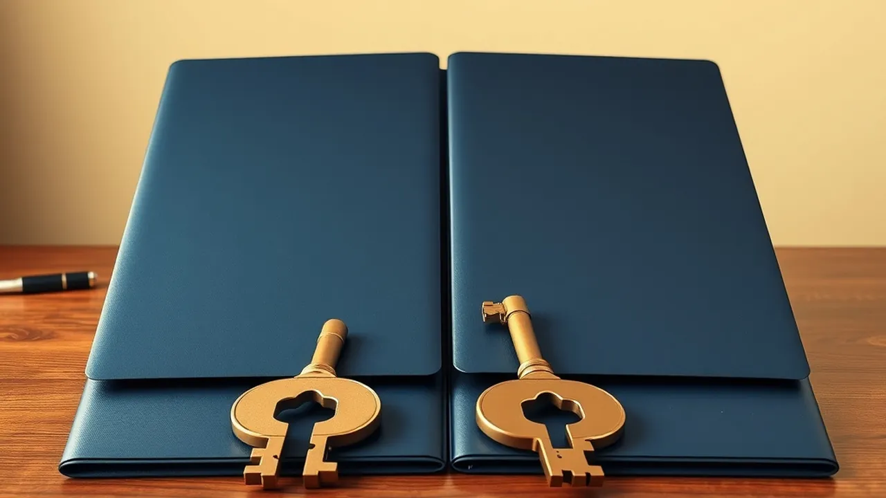 Two closed navy folders side by side on a wooden desk, each with a brass key