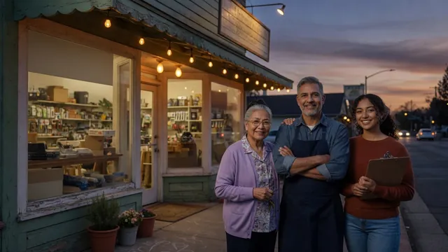 Three generations outside a family business storefront
