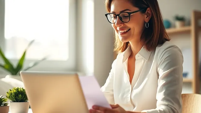 Small business owner at a home office desk reading a letter with a relieved smile