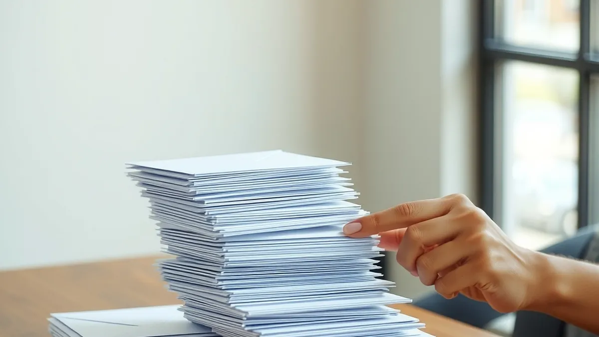 A hand sorting a tall stack of plain white envelopes into two piles on a wooden desk