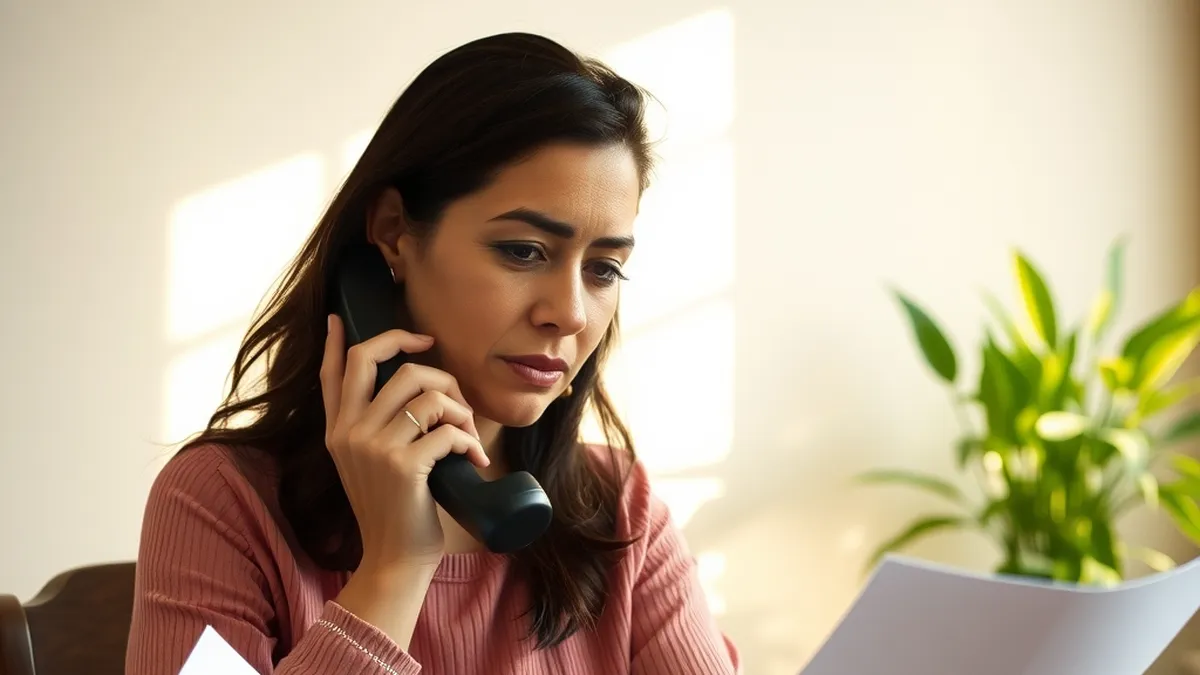 A business owner at a wooden table holding a phone to her ear and frowning at a printed page in her other hand