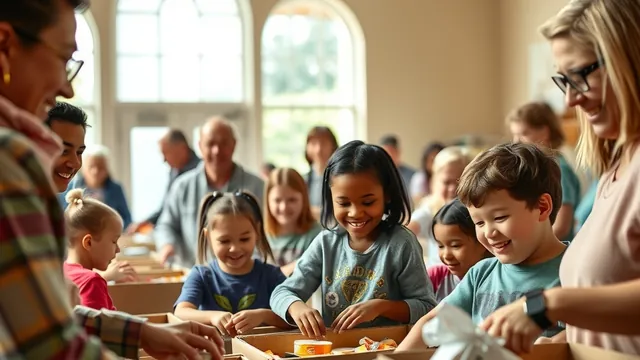 Families from a church community packing food boxes together in a bright hall