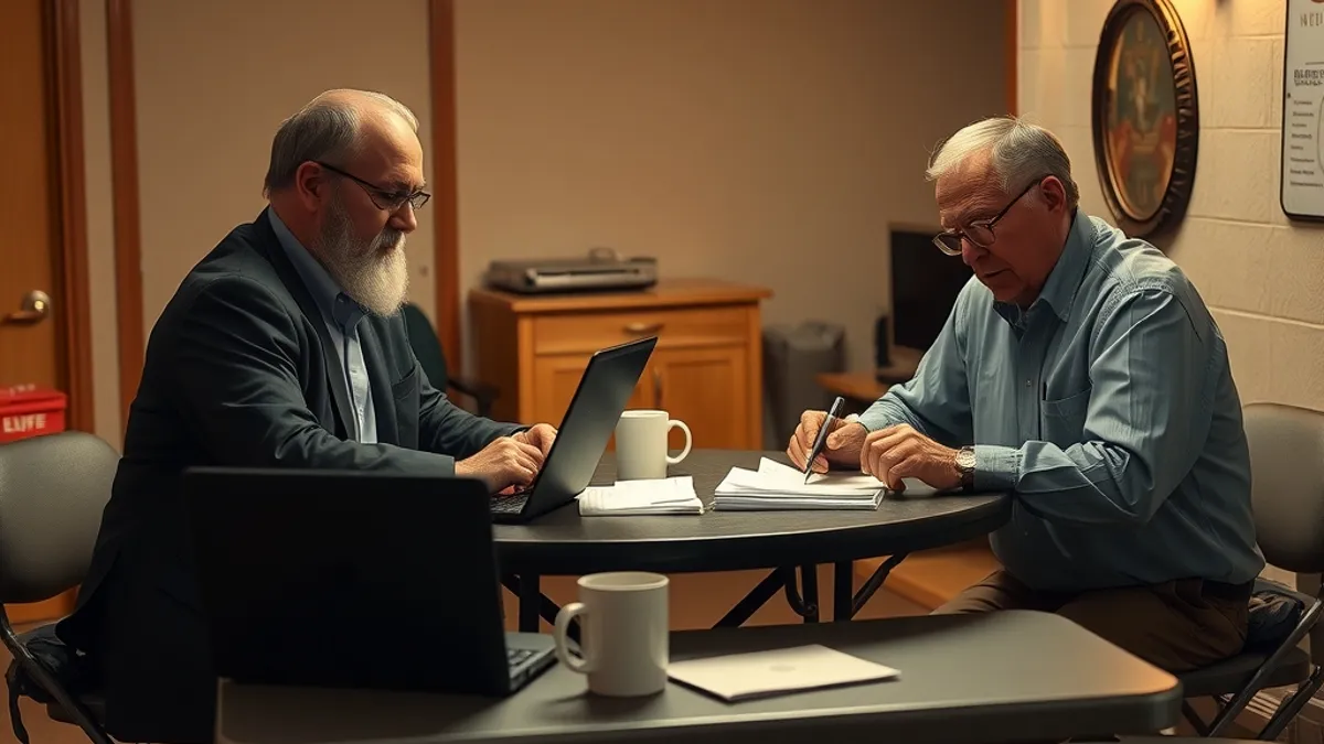 Two older men at a folding table in a church basement office reviewing a paper ledger and receipts beside laptops and coffee mugs