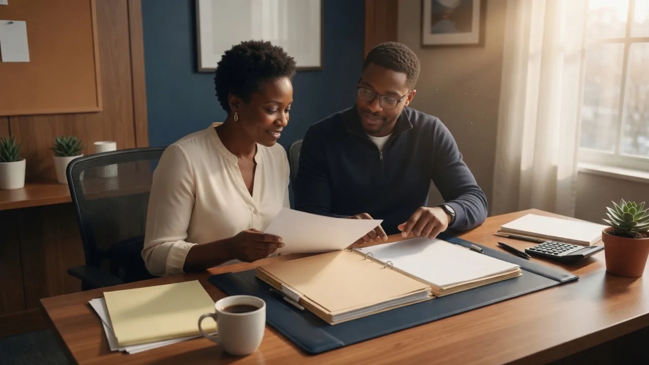Two business owners at a desk comparing the company's EIN letter with its Dun & Bradstreet business credit file