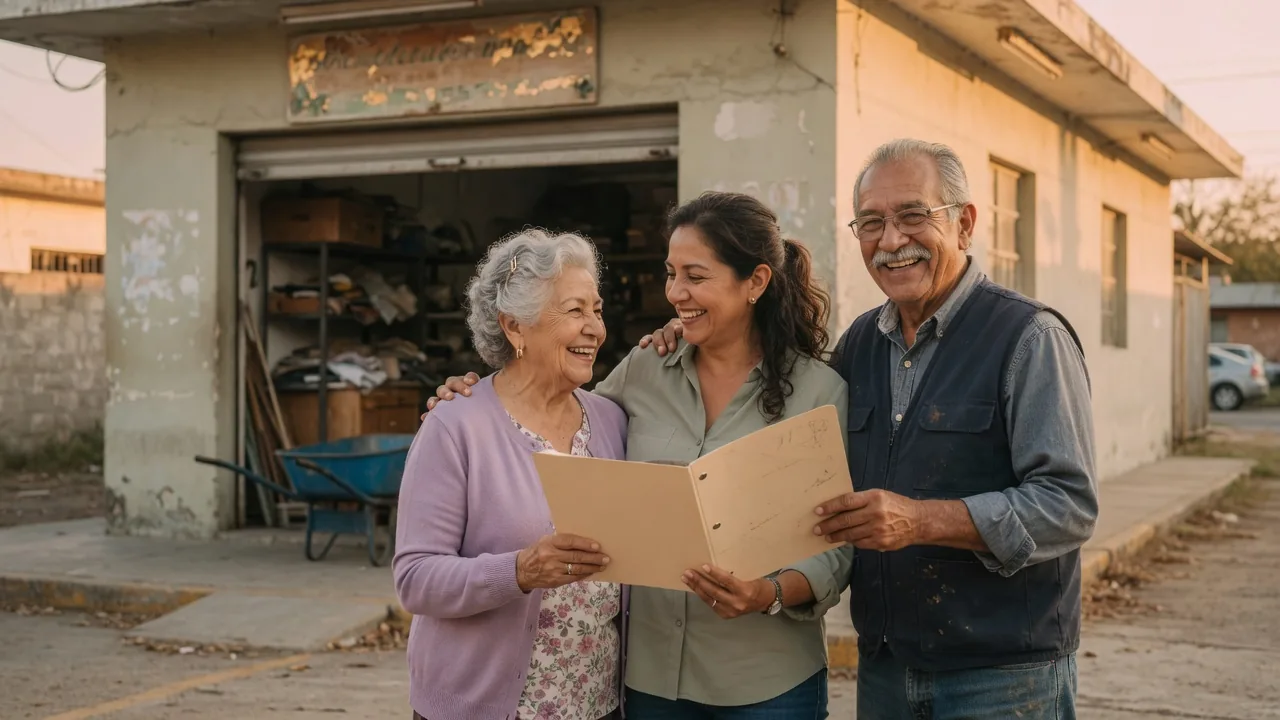 Three generations of a family business standing outside their workshop