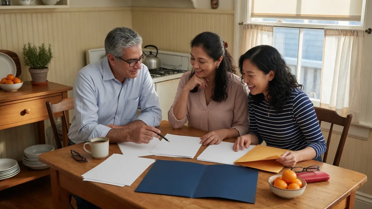 A multi-generational family around the kitchen table reviewing business credit and financial documents together