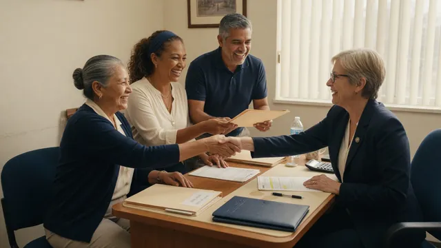 Family business owners shaking hands with a loan officer after a business credit approval