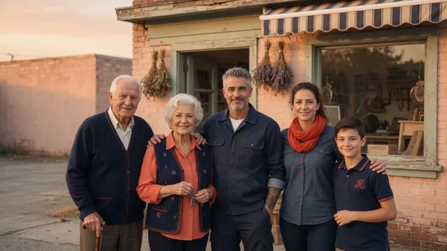 Three generations of a family standing proudly in front of their small business storefront at golden hour