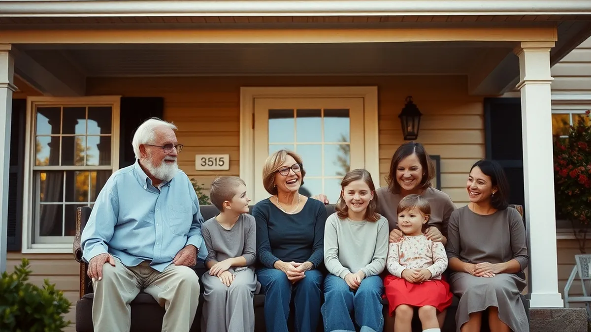 Three generations of a family together on the front porch of their home at golden hour