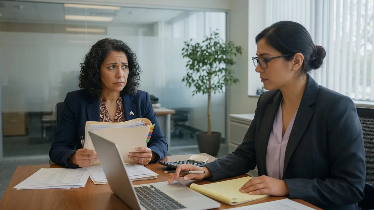 A worried business owner holding a thick folder of papers across a desk from a banker who is checking something on a laptop