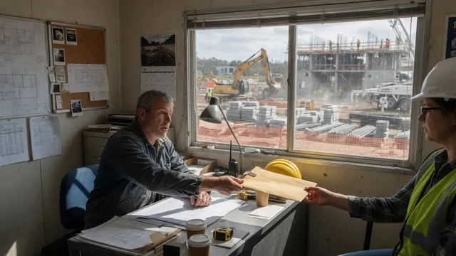 A contractor at a job-site trailer desk handing an envelope to a project manager in a hard hat, with construction equipment visible through the window