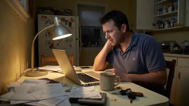 A business owner at a kitchen table late at night, frowning at a laptop under a desk lamp with papers and a coffee mug nearby