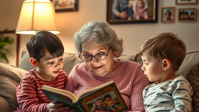 A grandmother reading a storybook to two grandchildren on the sofa