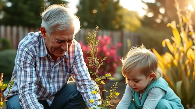 A grandfather and his young grandchild planting a tree together at golden hour
