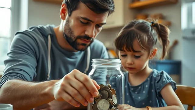 A father and his young daughter putting coins into a glass jar at the kitchen table