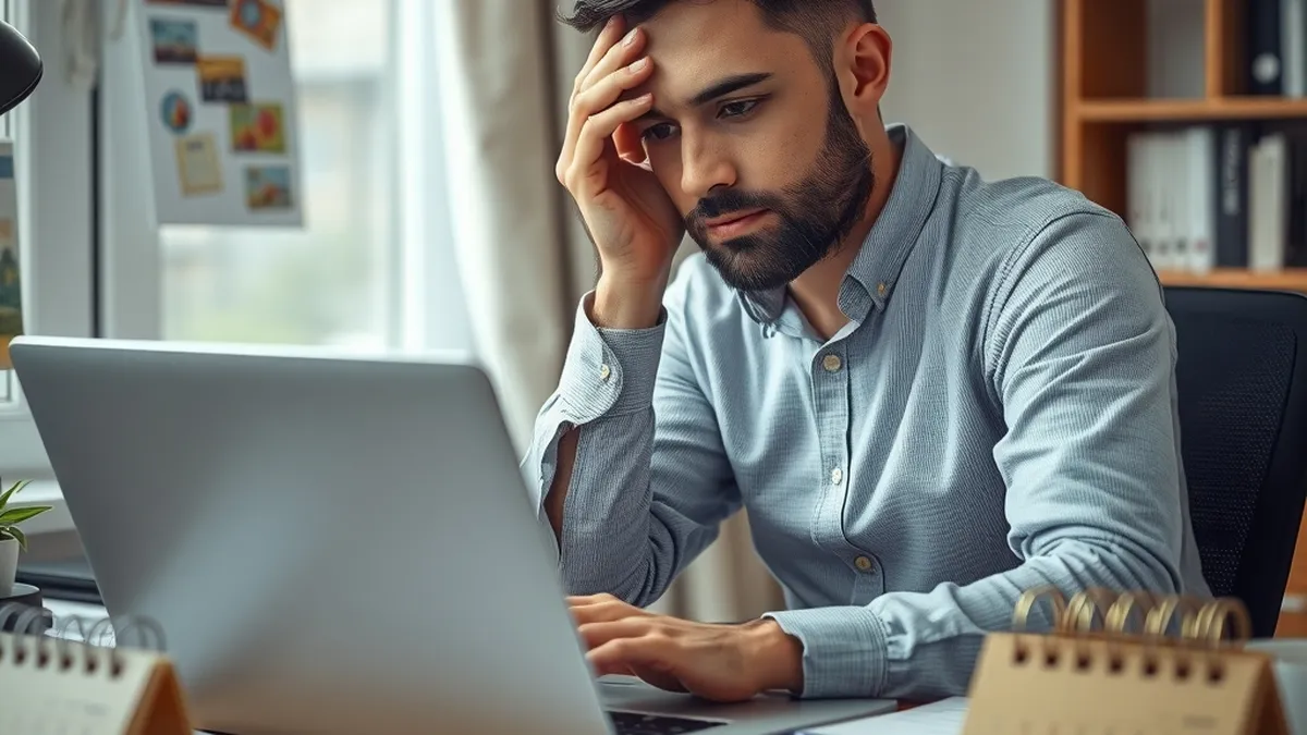 Business owner looking concerned while working at a laptop, deadline calendars visible on the desk