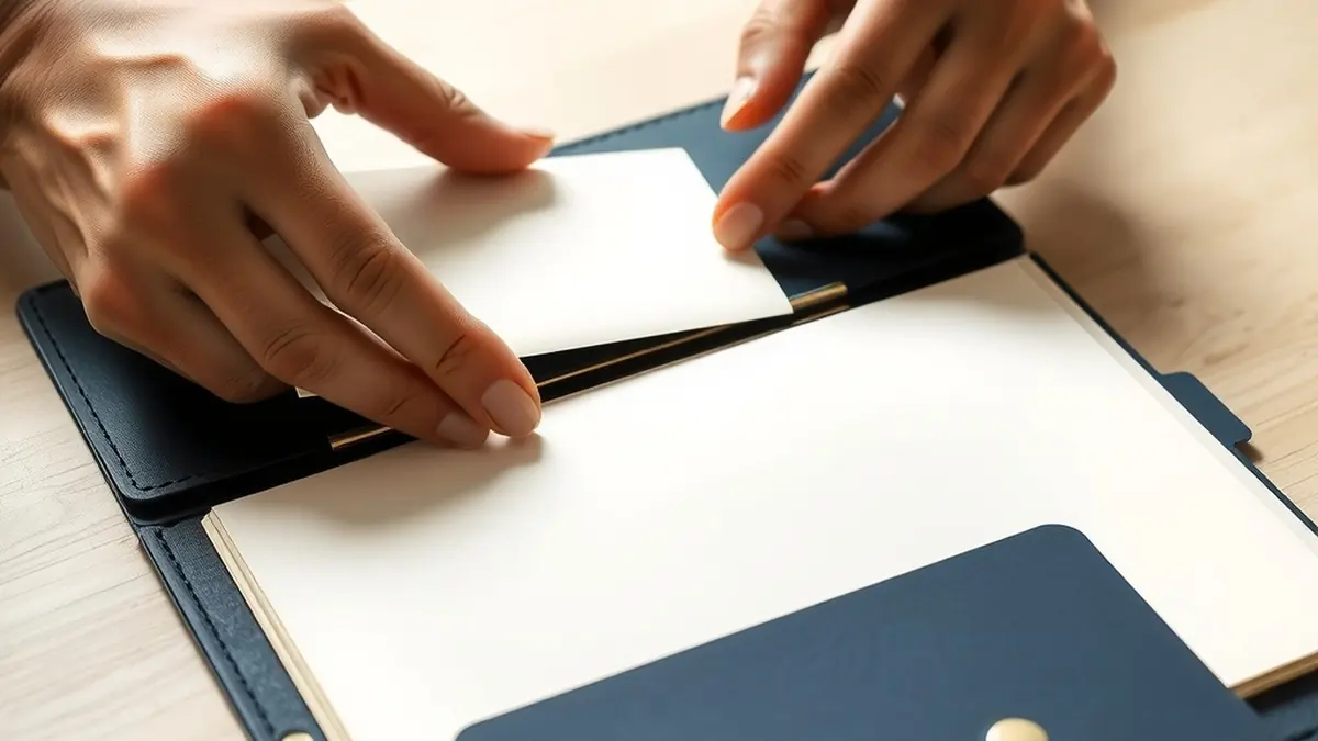 Two hands slide a cream page into a navy folder that already holds several pages, with a small brass snap on the folder
