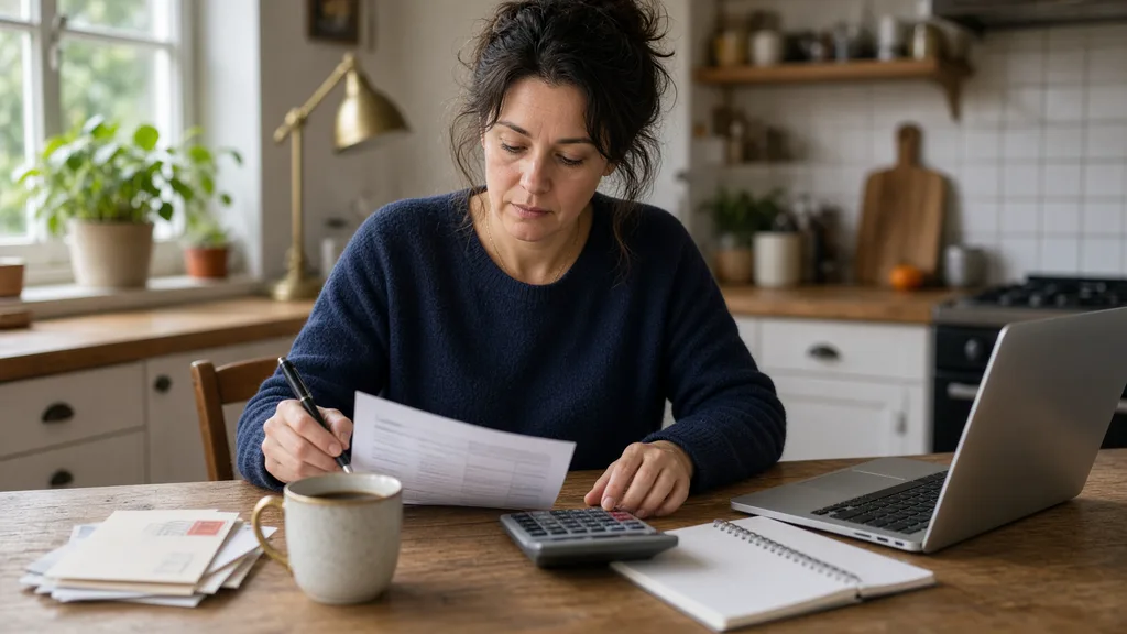 A woman in a navy sweater at a kitchen table in morning light works out a budget with a pen, a calculator, a laptop and a notebook.