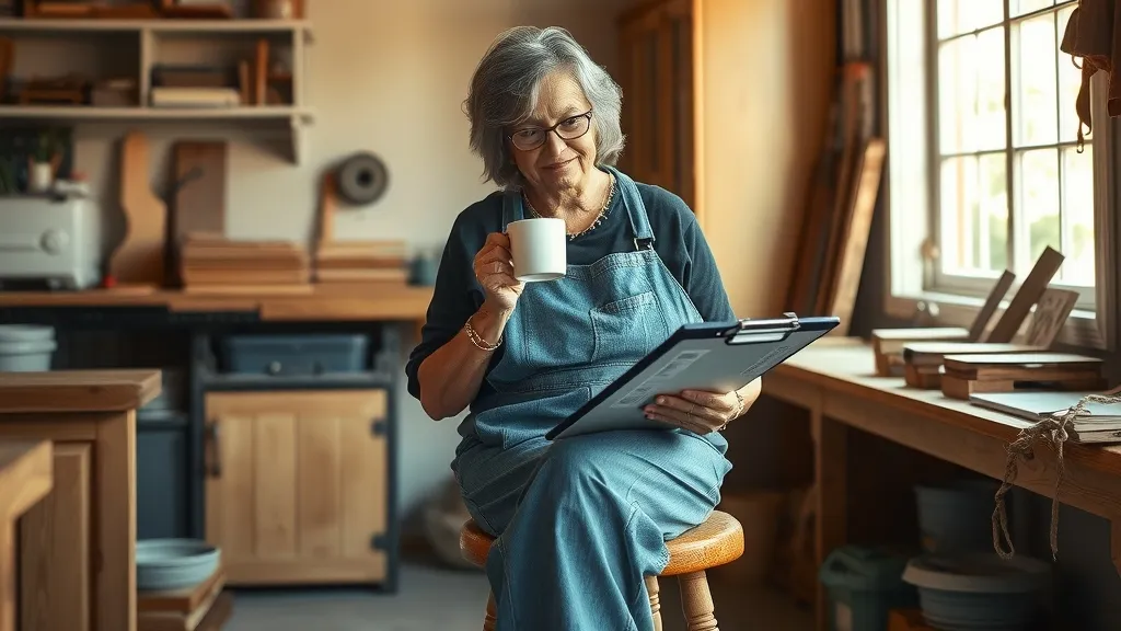 A woman in overalls sits on a stool in her small woodworking shop, reading a clipboard with a cup of coffee in hand.