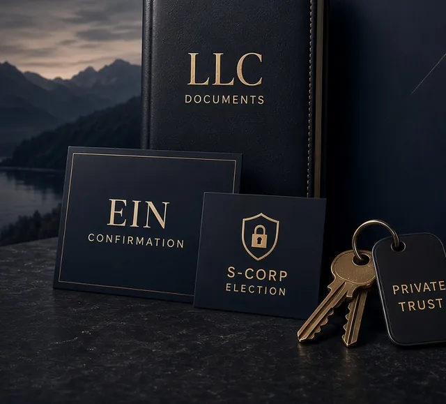LLC documents folder, EIN confirmation, S-Corp election card and a private trust key tag on a desk