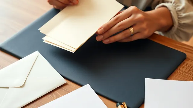 A woman's hands lift plain cream sheets from a navy folder on a wooden desk, beside an opened white envelope, with a gold-trimmed fountain pen at the bottom edge