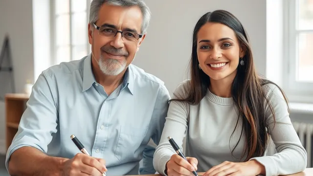 A father and his adult daughter signing the paperwork that opens the LLC's own bank account