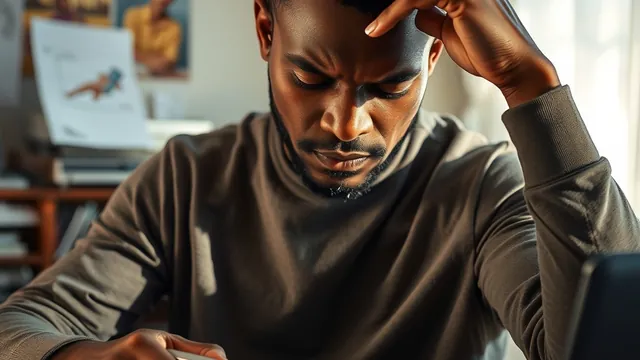 A freelancer at his home desk, head in hand, where business invoices and household bills are one pile