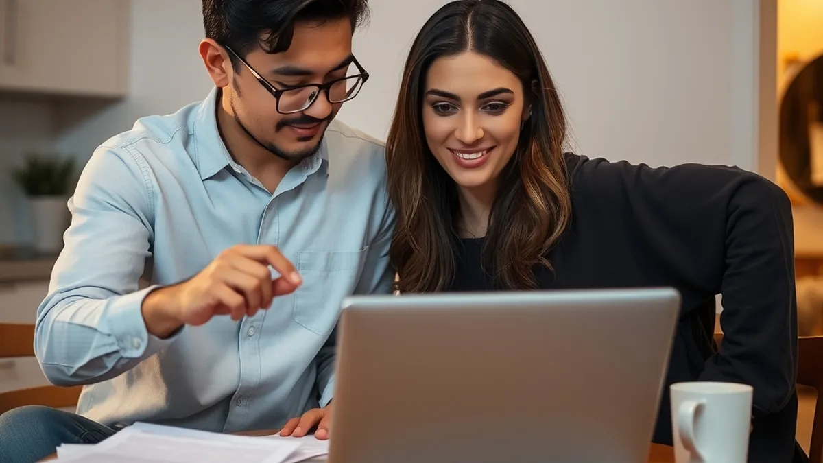 A couple at their kitchen table, laptop open, deciding between an LLC and a sole proprietorship