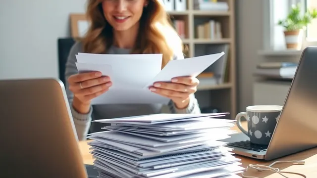 A business owner sorting a stack of company filings at a desk