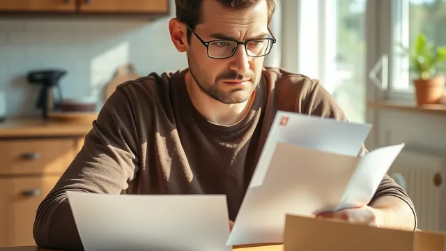 A new business owner at a kitchen table reading an official-looking letter beside two unopened envelopes