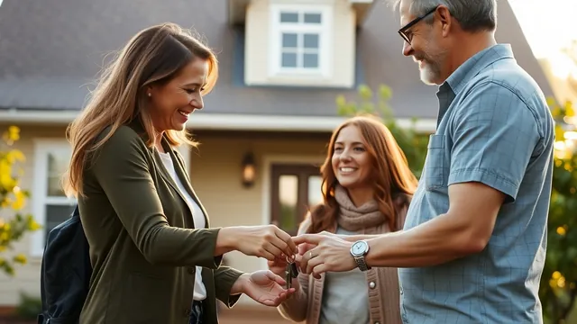 Parents handing their grown daughter the keys to the family home