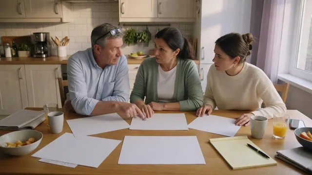 Family reviewing compliance paperwork at the kitchen table