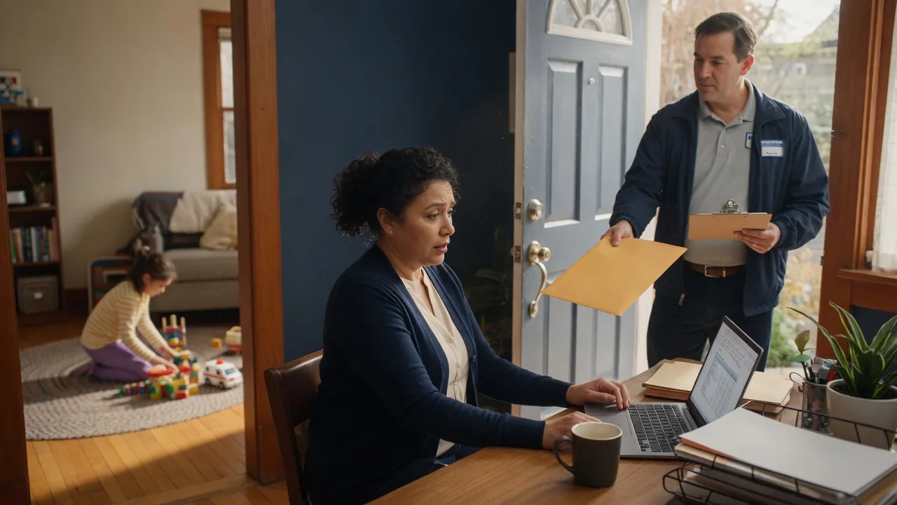 Process server delivering a sealed envelope to a family business owner at home