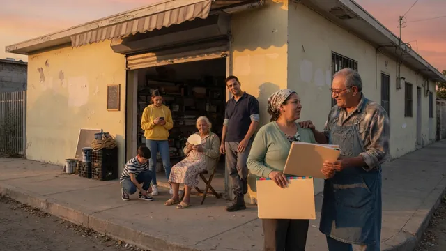 Multi-generational family outside their small business with a compliance folder