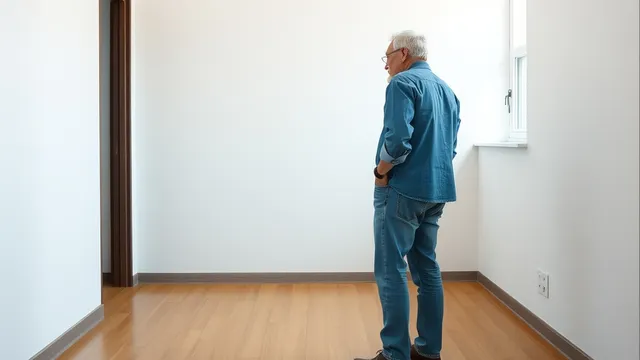 An older man in a denim shirt standing alone in an empty office with bare white walls and a wooden floor