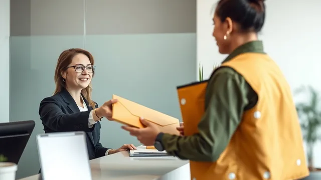 A receptionist at an office front desk smiling as she accepts a yellow envelope from a courier in an orange vest