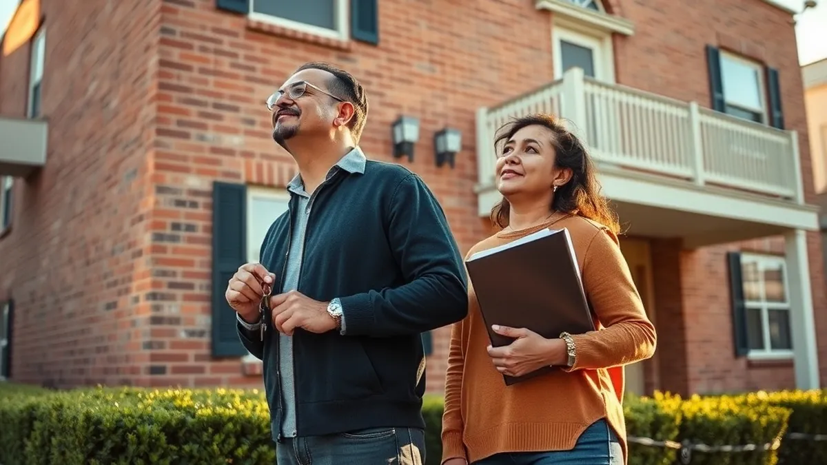 A couple standing in front of the brick duplex they own, he holds the keys and she holds the loan folder