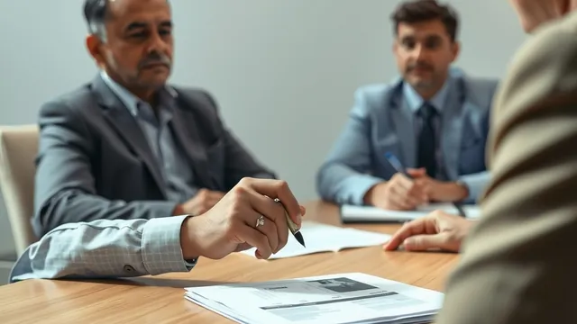 An investor pauses with his pen above a stack of loan papers across the desk from a loan officer