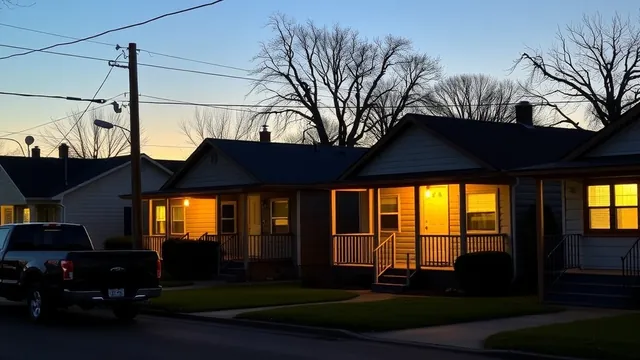 A row of small rental houses at dusk with porch lights on