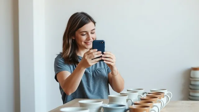 Shop owner photographing her ceramics for a website that has to sell them